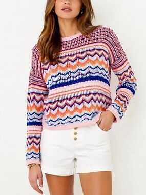 Lilly Pulitzer Samora Small Orange Pink Blue Chevron Pointelle Knit Sweater
